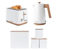 Salter Toronto 3-Piece Kitchen Set - 1.7L 3KW Rapid Boil Kettle, 815W 2-Slice Toaster & 4pc Countertop Set with Bread, Tea, Coffee & Sugar Storage, Durable & Easy Clean, Matte White/Wooden Accents,