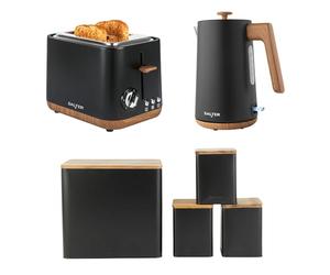 Salter Toronto 3-Piece Kitchen Set - 1.7L 3KW Rapid Boil Kettle, 815W 2-Slice Toaster & 4pc Countertop Set with Bread, Tea, Coffee & Sugar Canisters, Durable & Easy Clean, Matte Black/Wooden Accents