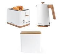 Salter Toronto 3-Piece Kitchen Set - 1.7L 3KW Rapid Boil Kettle, 815W 2-Slice Toaster & Large Bread Bin, Easy Clean, Durable & Stylish Countertop Collection, Matte White Finish with Wooden Accents