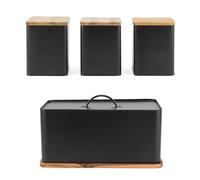 Salter Toronto 4-Piece Countertop Set - Bread Bin, Tea, Sugar, Coffee Canisters, Storage Containers, Powder Coated Black Finish, Built in Chopping Board for Cutting/Serving, Black/Wooden COMBO-9349
