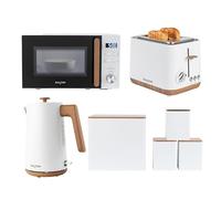 Salter Toronto 4-Piece Kitchen Set - 1.7L Kettle, 2-Slice Toaster, 20L Digital Microwave & Four Storage Canisters, White/Wood Finish, Rapid Boil, 6 Browning Levels, 8 Presets, Stylish Matching Design
