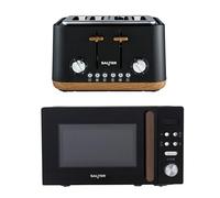 Salter Toronto 4-Slice Toaster & Microwave Set - 1630W Toaster with 6 Browning Levels, Wide Slots & Crumb Tray, 800W 20L Digital Microwave with 8 Auto Cook Defrost Functions, Matte Black & Wood Effect