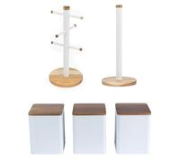Salter Toronto 5-Piece Countertop Set - Mug Tree, Kitchen Roll Holder & Canister Set, Acacia Wood Countertop Stand, 6 Brand Display for Coffee Mugs, Freestanding, Kitchen Storage, White, COMBO-9536