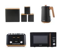 Salter Toronto 7-Piece Countertop Set - Kitchen Set with 20L Digital Microwave, 1.7L Kettle, 4-Slice Toaster, Tea, Coffee & Sugar Canisters, and Bread Bin, Black/Wooden Accents