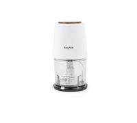 Salter Toronto Electric Food Chopper, 500 ml, 260 W, White/Wooden | Stainless steel blade, whisk, turbo function, 2 speeds, 500ml bowl, storage lid, anti-slip base, 260W, wooden accents