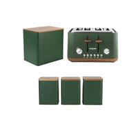 Salter Toronto Green Kitchen Set - 4-Slice Toaster with 6 Browning Levels & Wide Slots, Large Bread Bin for Loaves & Pastries & 3-Piece Tea, Coffee & Sugar Canister Set with FSC® Wooden Lids