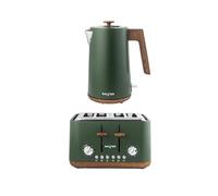 Salter Toronto Green Toaster & Kettle Set - 4-Slice 1630W Toaster with 6 Browning Levels & Wide Slots, 1.7L 3000W Rapid Boil Kettle with Limescale Filter, Auto Shut-Off & Wooden Accents