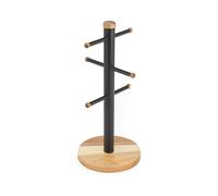 Salter Toronto Mug Tree & Kitchen Roll Holder - Acacia Wood Countertop Stand, 6 Brand Display for Coffee Mugs, Freestanding, Kitchen Storage, Worktop Organiser, Black