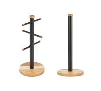 Salter Toronto Mug Tree & Kitchen Roll Holder - Acacia Wood Countertop Stand, 6 Brand Display for Coffee Mugs, Freestanding, Kitchen Storage, Worktop Organiser, Black