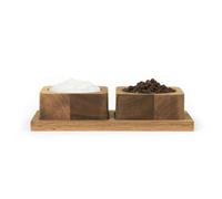 Salter Toronto Pinch Pots with Tray, 2-Pack Acacia Wood | Open-top pinch bowls, for salt pepper herbs spices or sugar, countertop or dining table use, Pot 6.8 x 3cm, Tray 16 x 8.4cm