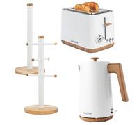 Salter Toronto White Kitchen Set - 1.7L 3KW Kettle, 2-Slice Toaster, Mug Tree & Kitchen Roll Holder, Rapid Boil, 6 Browning Levels, Wide Slots, Acacia Wood Design, Cordless, Removable Crumb Tray