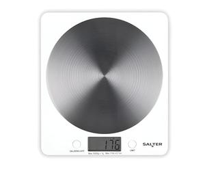 Salter White Disc Digital Kitchen Scale - Electronic Food Scale, Add & Weigh Multiple Ingredients, 5kg Capacity, Aquatronic for Measuring Liquids, Easy Read LCD Display, Includes Battery