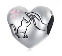 Saltray Cat and Hand Sterling Silver Heart Charm Bead 925 Paw Pet Love Hearts fits Pandora Bracelets Jewellery for Women, Wife, Romantic Gift for Her, Dangle Charms, Valentine, Anniversary, Birthday