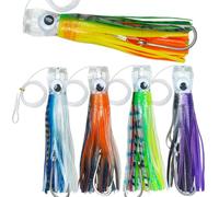 Saltwater Fishing Lures Squid Skirts Trolling Lures for Big Game Deep Sea Fishing Lure Predatory Fish Marlin Wahoo Mahi Tuna Dolphin Shark Ocean Saltwater Gear (5pcs-Mono Leader Line)