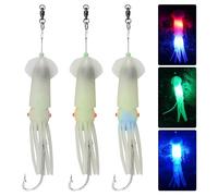 Saltwater Squid Fishing Lures LED Fishing Lures Glow Soft Squid Lures with 6/0 Stainless Steel Hook Deep Sea Trolling Lures for Grouper Salmon Halibut Tuna Striper Cod, 3pcs