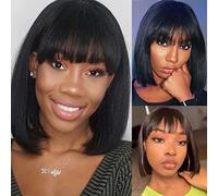 Saluaqui 12 Inch Bob Wig With Bangs Short Straight Synthetic Hairpiece | High temperature bob wig breathable size suitable for daily wear party cosplay costume lightweight and looking