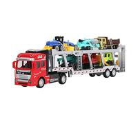 Saluaqui 7 in 1 Transport Truck Toy Set with Alloy Pull Back Function - 12.6in Red Carrier Model with 6 Small Engineering Vehicles for Construction Play (Red, with New Type Engineering Vehicle)
