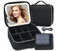 Saluaqui LED Makeup Bag with Mirror 1200mAh Battery Large Capacity | partitions 360-degree mirror handle stores cosmetics and jewelry ideal for travel and home organization finish