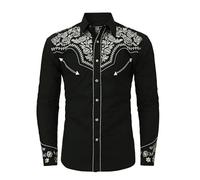 SALVAJE OESTE Western Embroidered Cowboy Shirts for Men, Casual Button Down Long Sleeve Shirt Floral Design Retro Shirt, Black Grey, Large