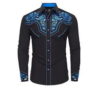 SALVAJE OESTE Western Embroidered Cowboy Shirts for Men, Casual Button Down Long Sleeve Shirt Floral Design Retro Shirt, Black-royal Blue, Large