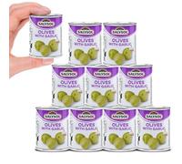 Salysol Green Olives with Garlic 50g 10 Mini Can Pack - Ready to Eat Fresh Olives in Easy-Open Cans - Delicious High Fibre Snacks for Appetizers, Tapas, Cocktails, Salads & Lunchboxes