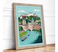 Salzburg on the Water Retro Framed Wall Art Print A3 Oak
