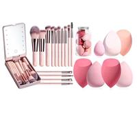 SAM Beauty Cosmetic Brush Set with LED Mirror, 360° Rotating Travel Box, Makeup Sponges, Pink