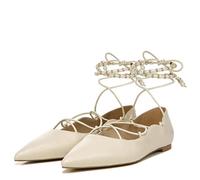 Sam Edelman Winslet Ivory Leather Lace-Up Pearl Beaded Pointed Toe Flats Shoes, Modern Ivory Leather, 5