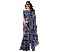 SAMAH Women's Poly Cotton Printed Golden Zari Stripe | Zari Border Saree with Unstitched Blouse Piece, Navy Blue & White, One Size