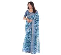 SAMAH Women's Poly Cotton Printed Golden Zari Stripe | Zari Border Saree with Unstitched Blouse Piece, Steel Blue & Turquoise, One Size