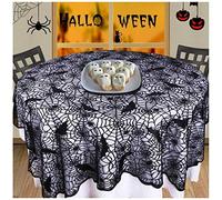 samanoya Round Tablecloth, Halloween Bat Spider Web Table Cover - 70-Inch - Circular Home Dinner Table Cloth, Black Lace Cobweb Table Topper for Buffet Table, Parties, Holiday Dinner (Black)
