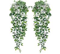 SamArt Artificial Hanging Plants Pack of 2 with White Pots Fake Plant Datura Vines Leaves Potted Decor Home Decoration for Indoor Outdoor Wall Room Patio Office Table Shelf Gifts for Christmas Easter