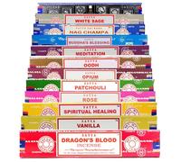 SAMASIA Satya Mix 12 incense set 4 - Dragons Blood, Vanilla, Spiritual Healing, Rose, Patchouli, Opium, Oodh, Meditation, Buddhas Blessings, Agarbatti, White Sage etc and comes with incense holder