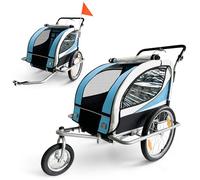 SAMAX Children Bike Trailer 2in1 Kids Jogger Stroller with Suspension 360° rotatable Childs Bicycle Trailer Transport Buggy Carrier for 2 Kids in Blue - Silver Frame