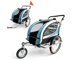 SAMAX Children Bike Trailer 2in1 Kids Jogger Stroller with Suspension 360° rotatable Childs Bicycle Trailer Transport Buggy Carrier for 2 Kids in Blue - Silver Frame