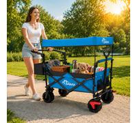 SAMAX Folding Camping Cart Garden Trolley - Coaster Wagon with Removable Canopy - Brake and Tail bag - Beach Wagon Foldable Hand Cart Trolley Truck Offroad - Blue