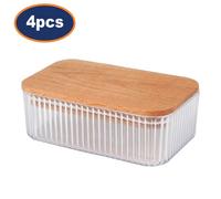 Samba Butter Dish Storage Box With Wood Lid 500Ml Clear Ribbed Container 4Pcs