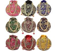 Sambhav Quilt Hub 100 pcs Ethnic Shagun Pouch Wedding Return Potli Bag Ladies Handbag Batwa Pearls Handle Clutch Purse, Multicolor, 10 pcs