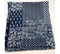 Sambhav Quilt Hub Blue Indigo Print Cotton Handmade Handblock Quilted Blanket Indian Cotton Indigo Print Bedspread Kantha Work Bohemian Bed Decor Block Throw Blanket Twin/King/Queen (90X108 inches)