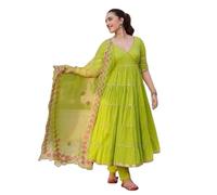 Sambhav Quilt Hub Heavy Angrhkha Anarkali Pattern Cotton Kurta Kurti With Heavy Gotta Lace Work With Pant Duppta, Green, XXL