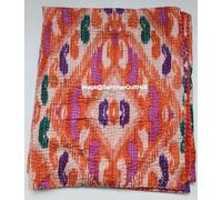 Sambhav Quilt Hub Orange Handblock Floral Multi Ikat Print Handmade Cotton Kantha Quilting Boho Bedding Throw Blanket Hippie Queen/King Size Bohemian Block Kantha Quilt (Queen 90X108 inches)