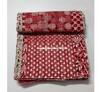 Sambhav Quilt Hub Red Indigo Print Less Cotton Handmade Handblock Quilted Blanket Indian Cotton Indigo Print Bedspread Kantha Work Bohemian Bed Decor Block Throw Blanket Twin/King/Queen (60X90 inch)