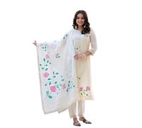 Sambhav Quilt Hub White Traditional Hand Embroidered Chikankari Women's Cotton Kurta Kurti With Duppta Tunic Dress, White, Medium