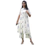 Sambhav Quilt Hub Women Cotton Hand Block Printed Office Wear A line Kurta with Pant, Cream, Medium