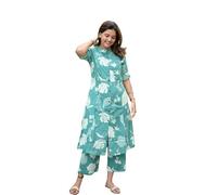 Sambhav Quilt Hub Women Cotton Hand Block Printed Office Wear A line Kurta with Pant, Green1, Medium