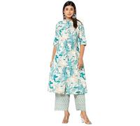 Sambhav Quilt Hub Women Cotton Hand Block Printed Office Wear A line Kurta with Pant, Turquoise, XL