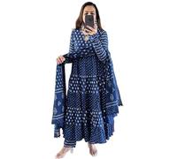 Sambhav Quilt Hub Women Cotton Indigo Hand Block Printed Anarkali Flar Kurta Pant With Dupatta set, Blue, S