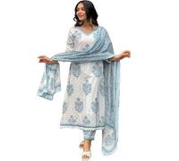 Sambhav Quilt Hub Women Cotton Indigo Hand Block Printed Kurta Pant With Dupatta