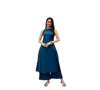 Sambhav Quilt Hub Women Cotton Mirror Work Stragiht A line Kurta Pant With Dupatta set, Blue, Medium
