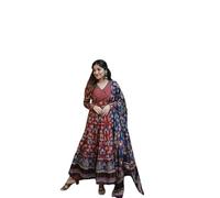 Sambhav Quilt Hub Women's Anarkali Block Indigo Printed Cotton Kurta & Pant with Dupatta Set, Blue&red, XXXXL